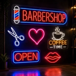 Gotowe neony LED na ścianę – Barbershop, Open, serce i Coffee Time