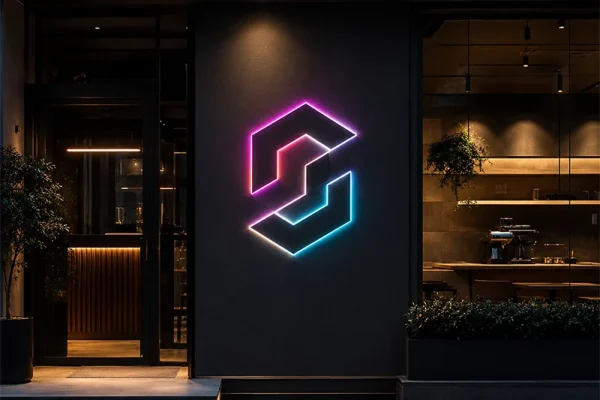 Neon LED na fasadzie jednej lokalizacji biznesowej, indywidualny projekt świetlnego logo dla firmy